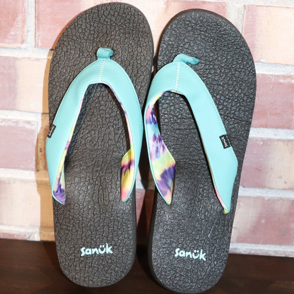 Sanuk Yoga Mat Flip Flops Turquoise and Black Women's Size 10 NWOT